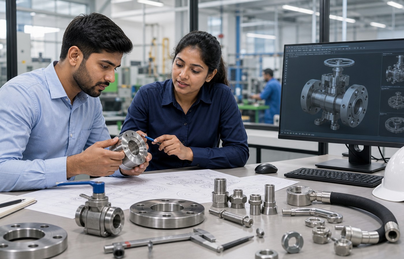 Engineers reviewing a machined flange component and CAD model