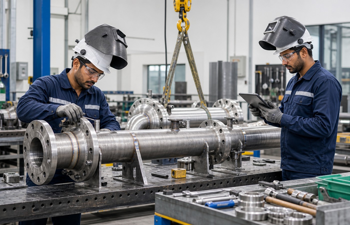 Fabrication technicians checking a flanged pipe spool assembly in a workshop