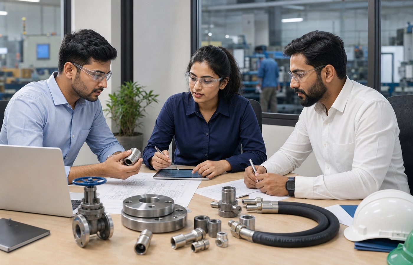 Engineering and procurement team reviewing industrial component samples